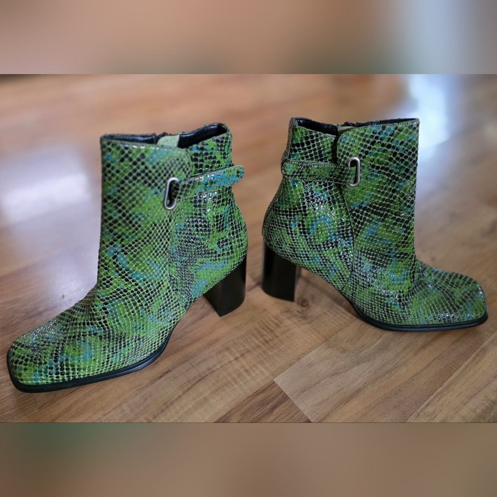 Milagros Leather Green Reptile Print Ankle Booties 7.5